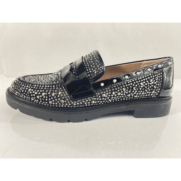 Betsey Johnson Shoes Womens Size 6.5 Black Rhinestone Loafers Studded Pearl Flat - Picture 2 of 11
